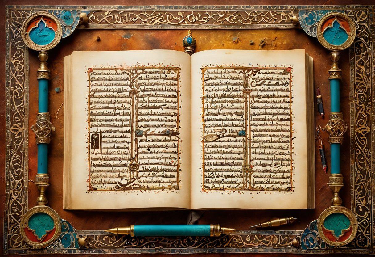 An open ancient Arabic manuscript surrounded by scrolls and pens, with intricate calligraphy and vibrant, colorful patterns emanating from the pages. A mystical key glows above the manuscript, symbolizing the unlocking of knowledge. The background features elements of a lush desert landscape, emphasizing cultural roots. super-realistic. rich textures. warm tones.