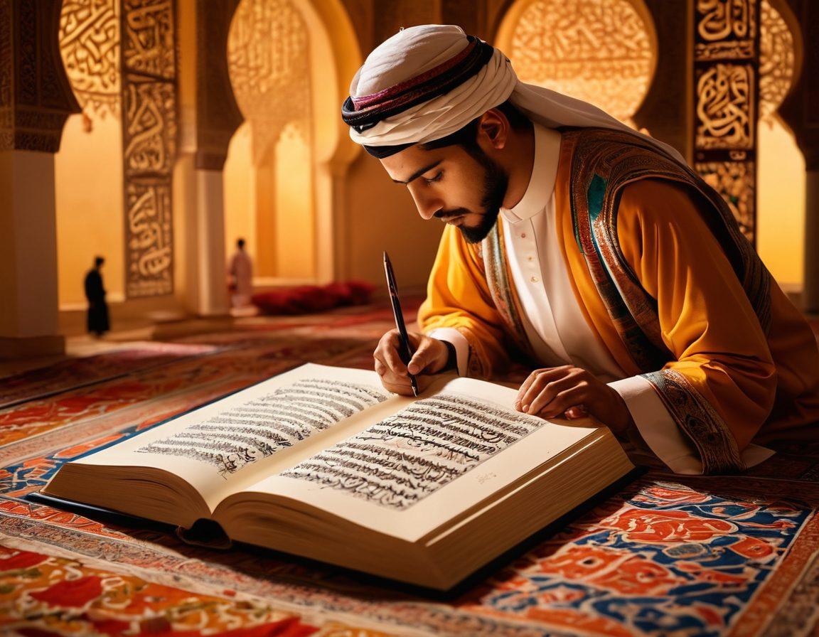 An open book showcasing beautifully illuminated Arabic calligraphy pages, with vibrant colors and cultural motifs surrounding it. Include a diverse group of learners engaged in the study, wearing traditional attire, set against a background of Arabic architecture with intricate designs. Capture a warm and inviting atmosphere, symbolizing growth from basic to advanced knowledge. super-realistic. vibrant colors. soft focus.
