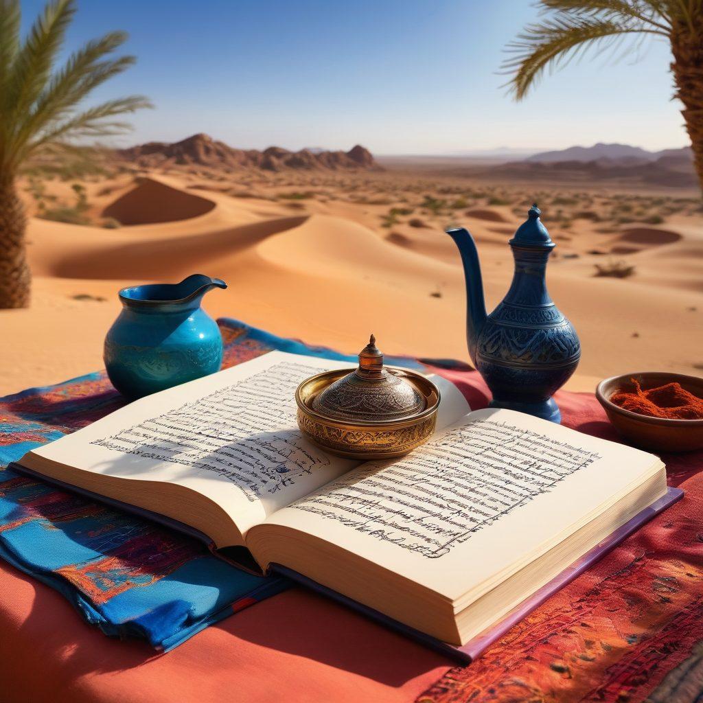 An open ancient Arabic book with vibrant calligraphy, surrounded by colorful flashcards featuring essential vocabulary and grammatical structures. In the background, a silhouette of a desert landscape under a bright blue sky symbolizes cultural significance. Items like a quill pen, ink pot, and an Arabian coffee pot adorn the scene for a touch of tradition. super-realistic. vibrant colors. white background.